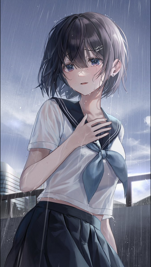 Myowa in the rain, school uniform, wet clothing