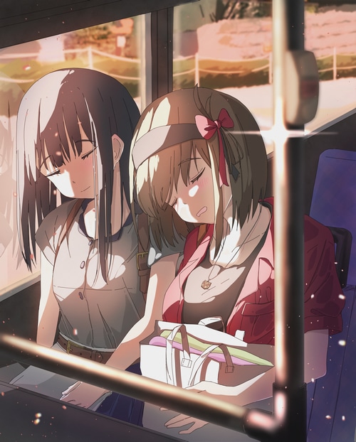 Nishikigi Chisato and Inoue Takina sleeping on a bus