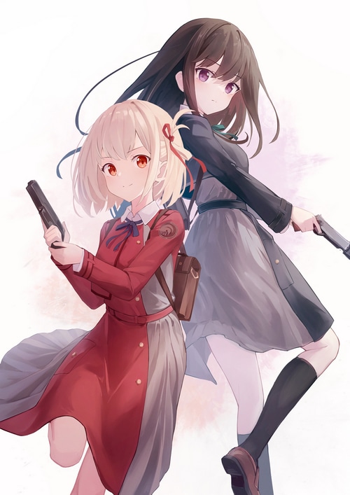 Lycoris Recoil fan art of Chisato and Takina with guns
