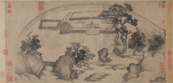 Chinese painting of a scholar in a thatched hut