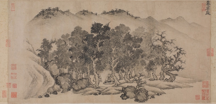 Chinese ink painting of a mountain landscape with trees