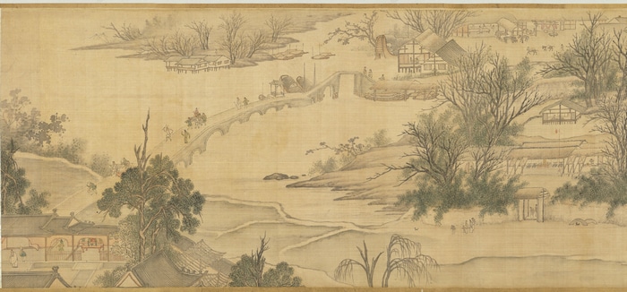 Chinese painting of a winter landscape with a bridge