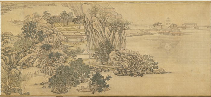Chinese painting of a landscape with buildings and boats