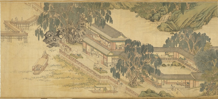 Chinese painting of a riverside estate with a waterfall
