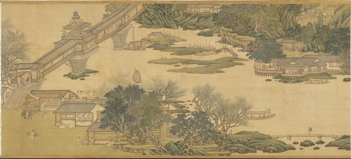 Chinese painting of a covered bridge and riverside village