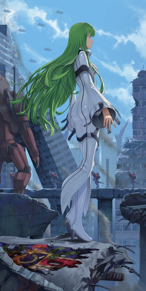 C.C. in a destroyed city with mechs