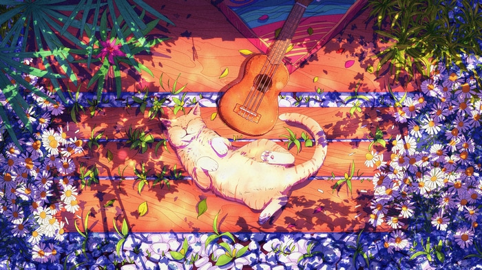 Cat and Ukulele in a Flower Garden