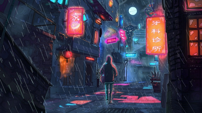 Christian Benavides' neon-lit street in the rain