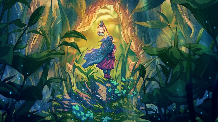 Fantasy art of a person with a lantern in a forest