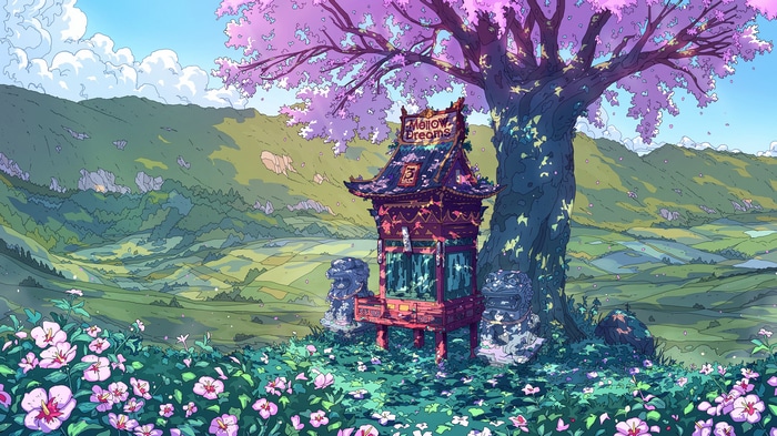 Fantasy landscape with a Japanese-style building under a cherry blossom tree