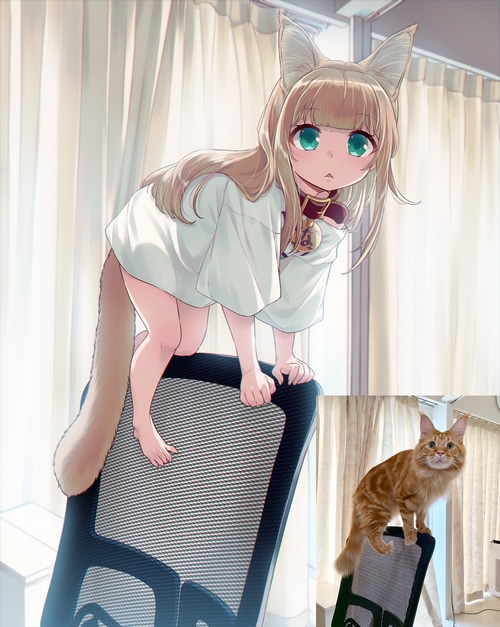 Cat girl with cat ears and tail on a chair