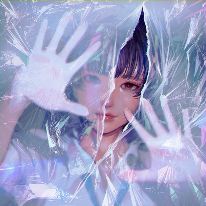 Artwork of a girl behind plastic wrap