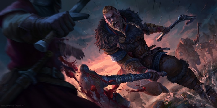 Eivor fighting in Assassins Creed Valhalla fan art