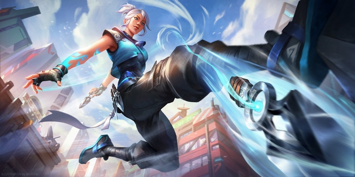 Jett from Valorant in dynamic pose with knives