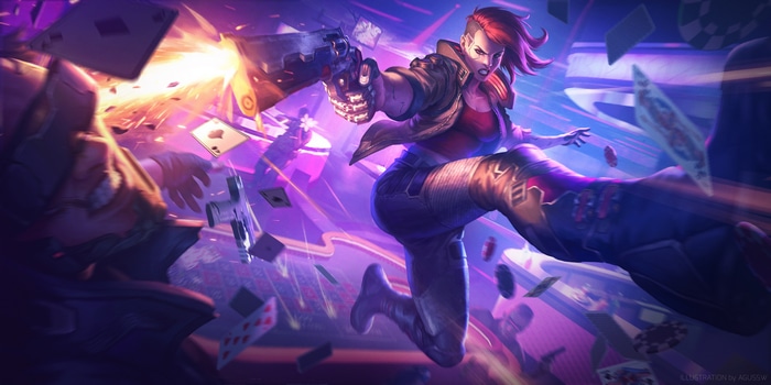 Girl with gun in a casino with cards flying