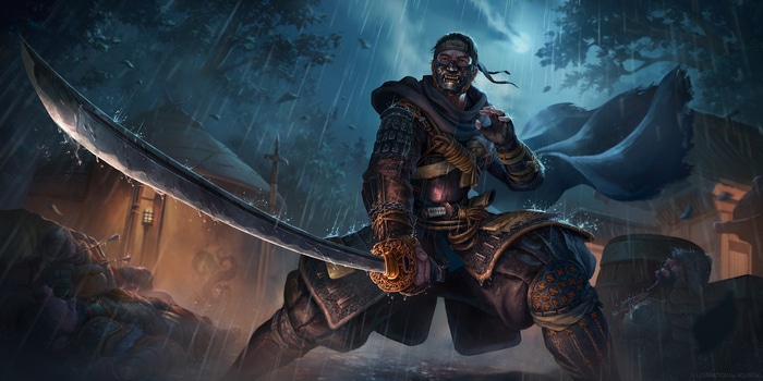Jin Sakai in the rain with a katana