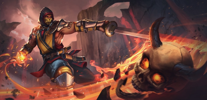 Scorpion from Mortal Kombat fighting a skull with fire