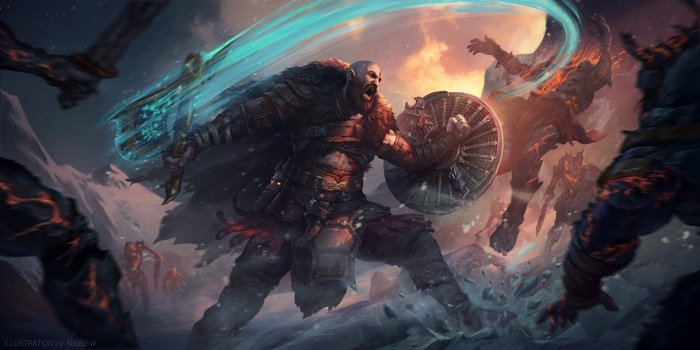 Kratos fighting fiery monsters with a glowing axe