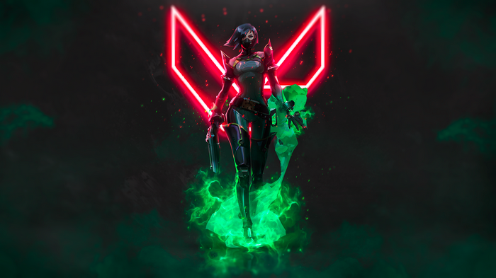 Viper from Valorant with neon logo and smoke
