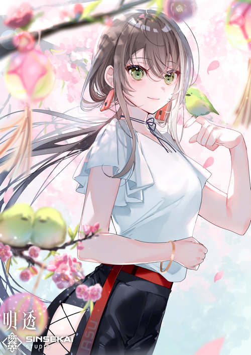 Anime girl with bird and cherry blossoms