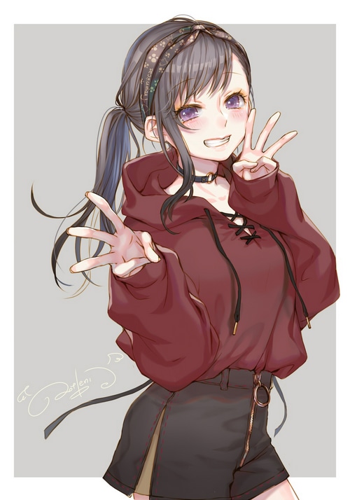 Anime girl with pigtails wearing a hoodie and shorts