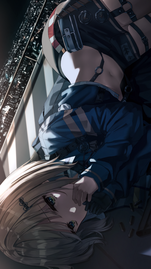 Anime girl in uniform lying down at night
