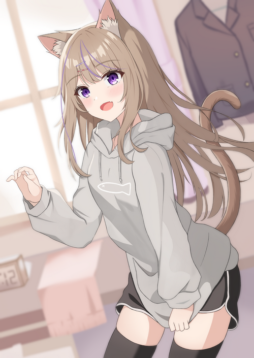 Anime girl with cat ears wearing a hoodie and shorts