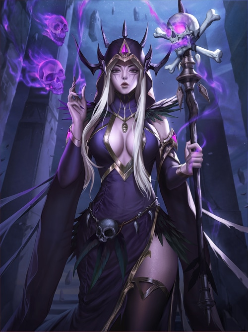 Fantasy sorceress with skull staff and purple magic
