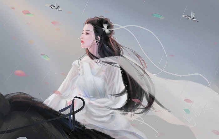 Asian woman in white clothing riding a horse with cranes and petals