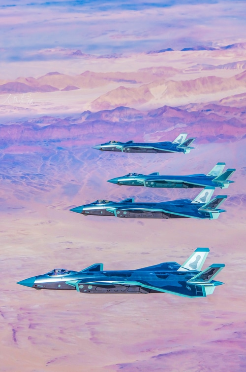 Four Chengdu J-20 fighter jets flying in formation