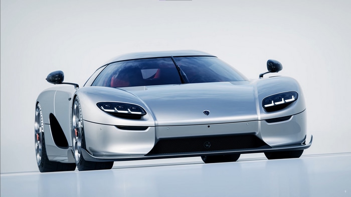 Silver Koenigsegg CC850 hypercar on a white background