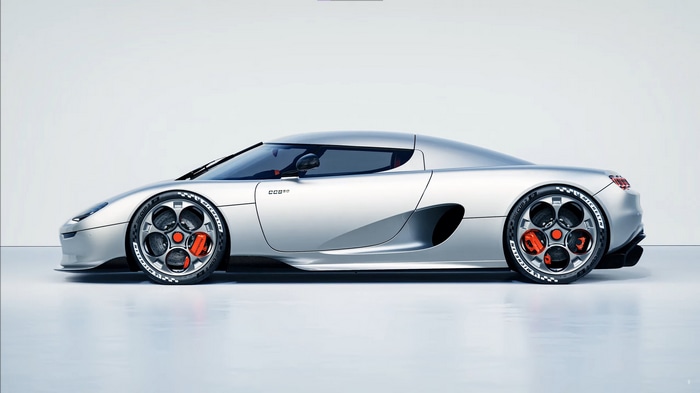 Silver Koenigsegg CC850 hypercar on a white background