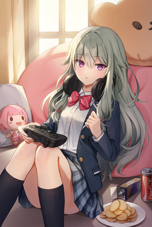 Girl in School Uniform Playing Video Games with Soda and Chips