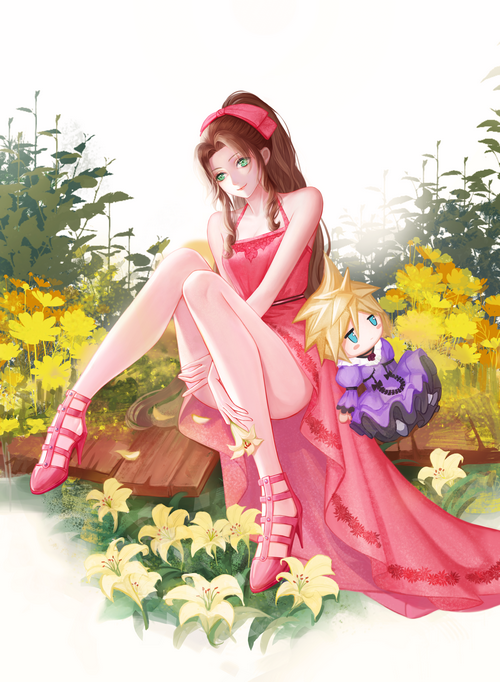 Aerith Gainsborough with Cloud Strife plush in a garden
