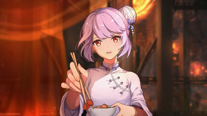 Girl with pink hair eating food with chopsticks