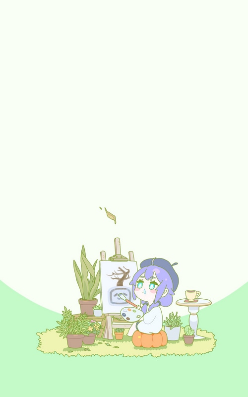 Chibi girl painting a tree on a pumpkin