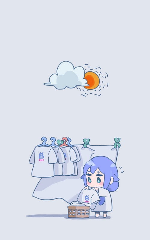 Chibi girl hanging laundry with Bilibili shirts