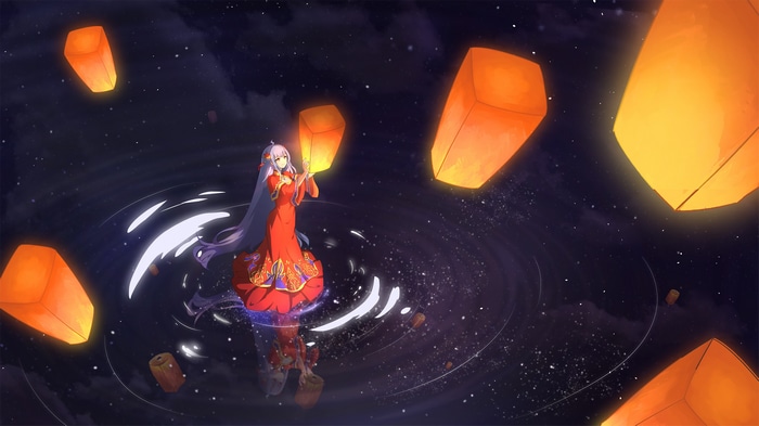 Girl in red dress releasing lanterns over water