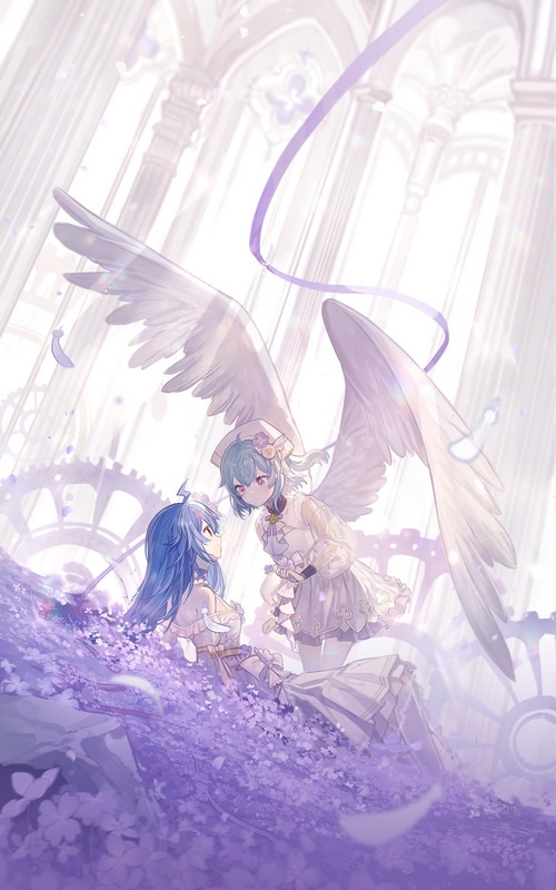 Two anime girls with wings in a purple flower field