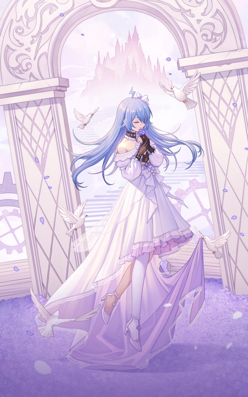 Girl in white dress with blue hair and doves