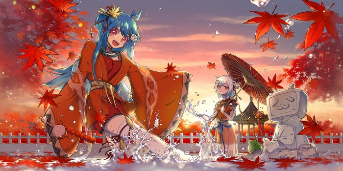 Bilibili 22 and 33 with umbrellas and leaves