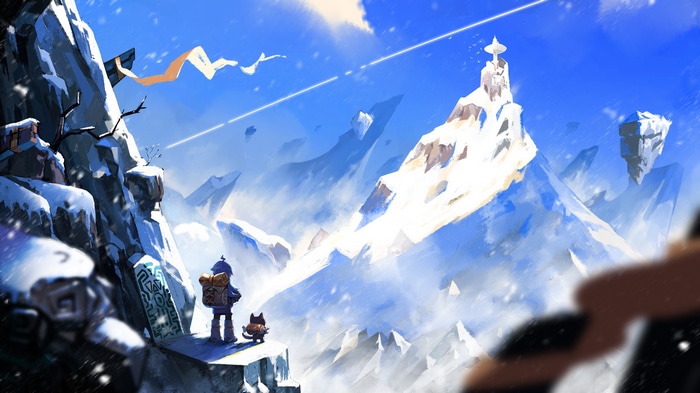 A lone traveler and a cat-like creature in a snowy mountain landscape