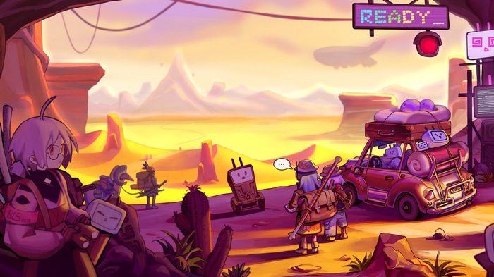 Bilibili characters in a desert landscape with a car