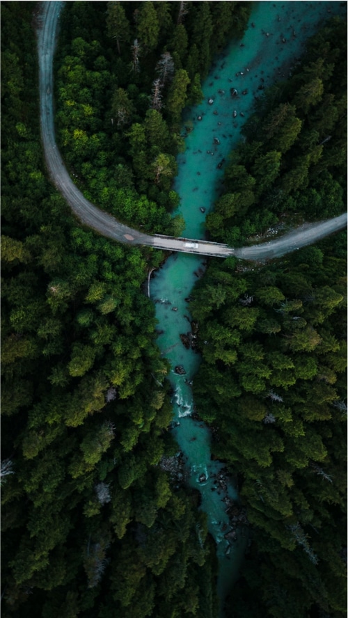 Aerial view of a turquoise river flowing through a dense forest with a road and bridge