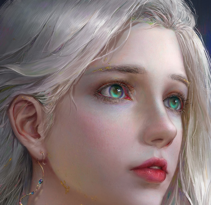Artwork of a woman with white hair and red lipstick