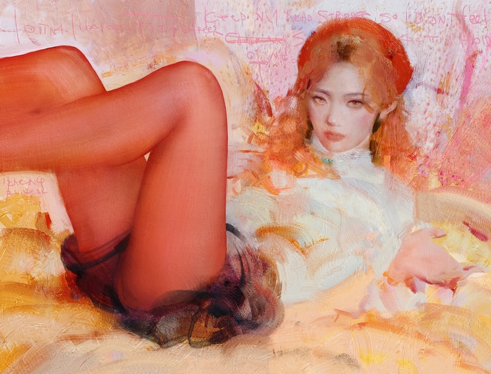 Painting of a woman with red stockings