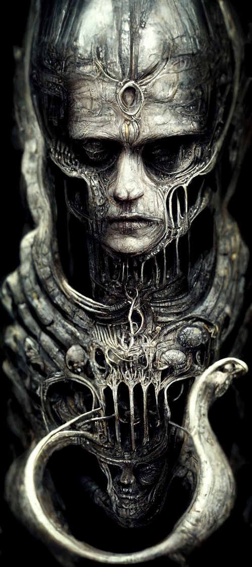 H. R. Giger inspired biomechanical figure with snake