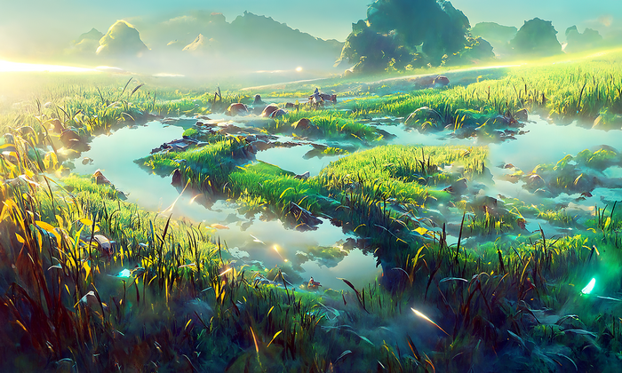 A tranquil landscape with water and grass