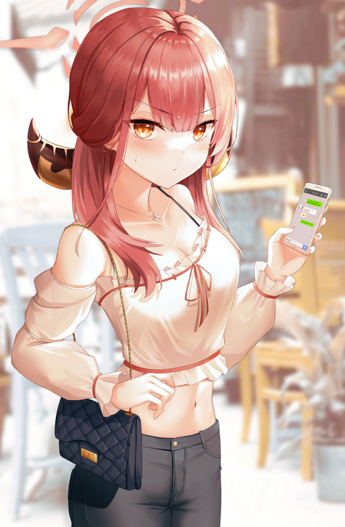 Anime girl with pink hair holding a phone