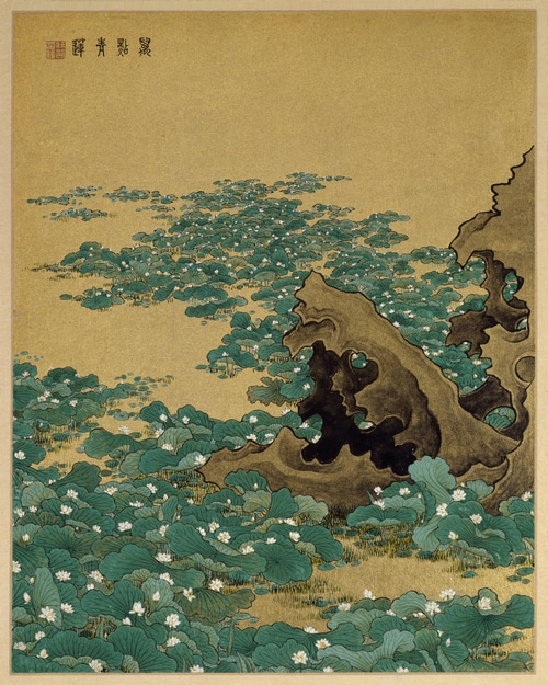 Painting of a lotus pond with rocks